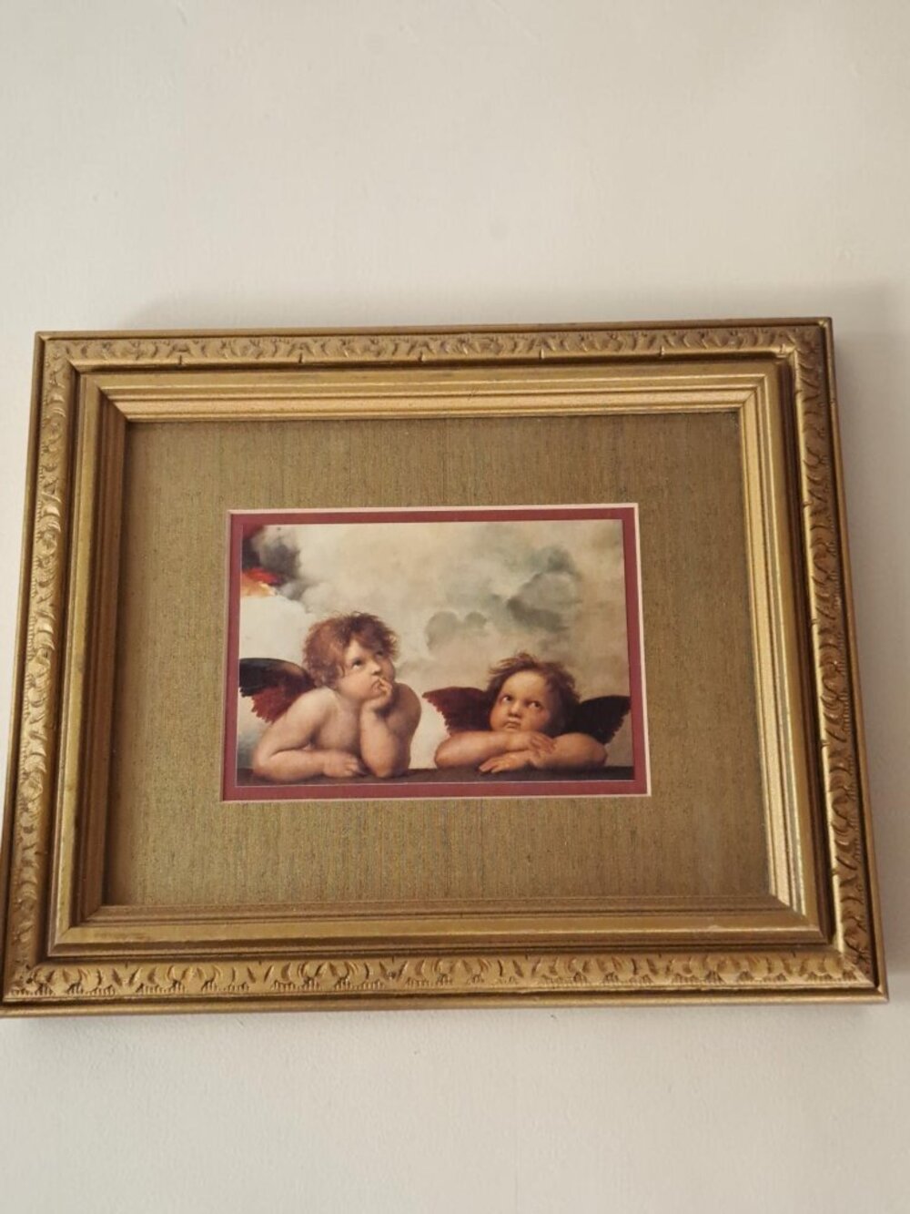 VTG Gold Wood Frame Art Print Cherubs Sistine Madonna, Raphael Gold 13” X 10”
